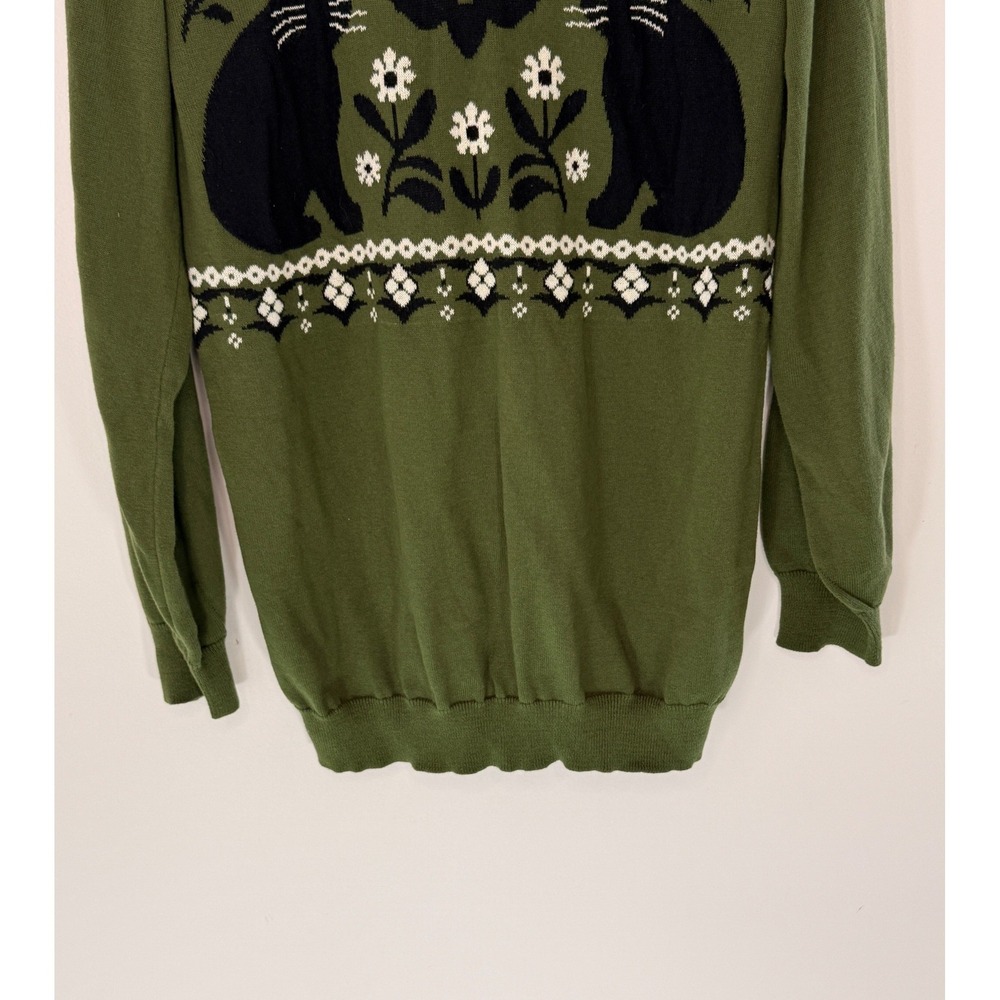 OXKNIT Halloween Sweater Women's Green Black Cat Floral Bat Knit Crewneck Large - Picture 6 of 12